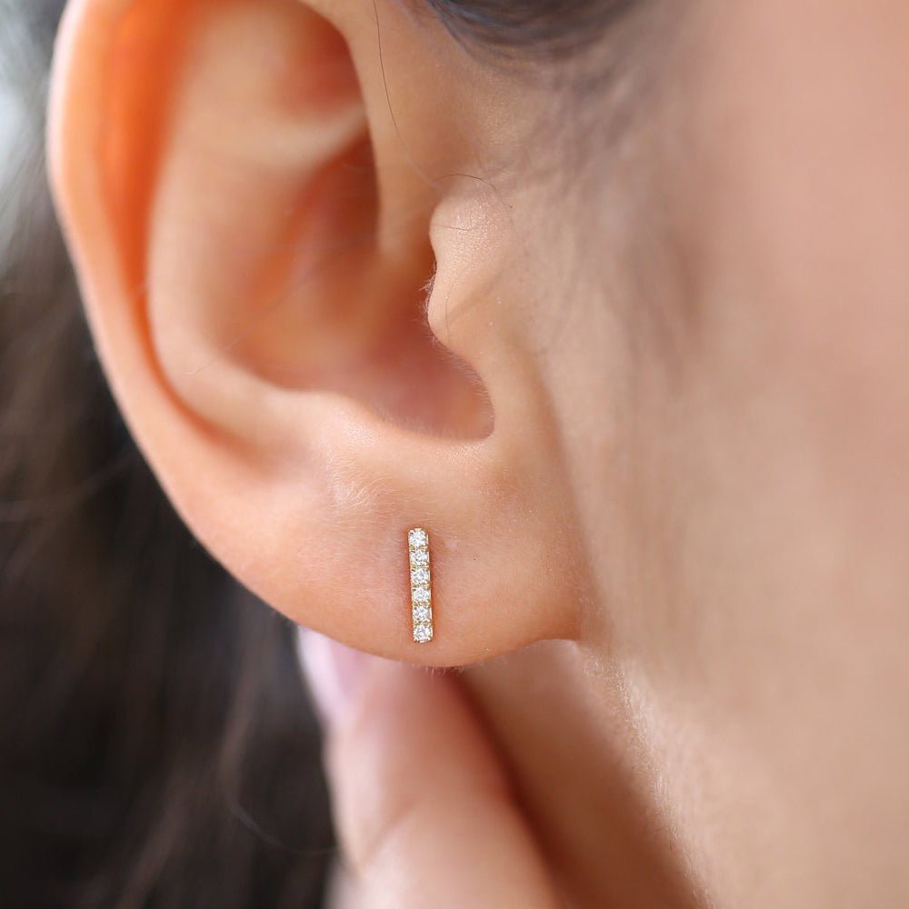 14K Gold Diamond Bar Stud Earrings - Image 3