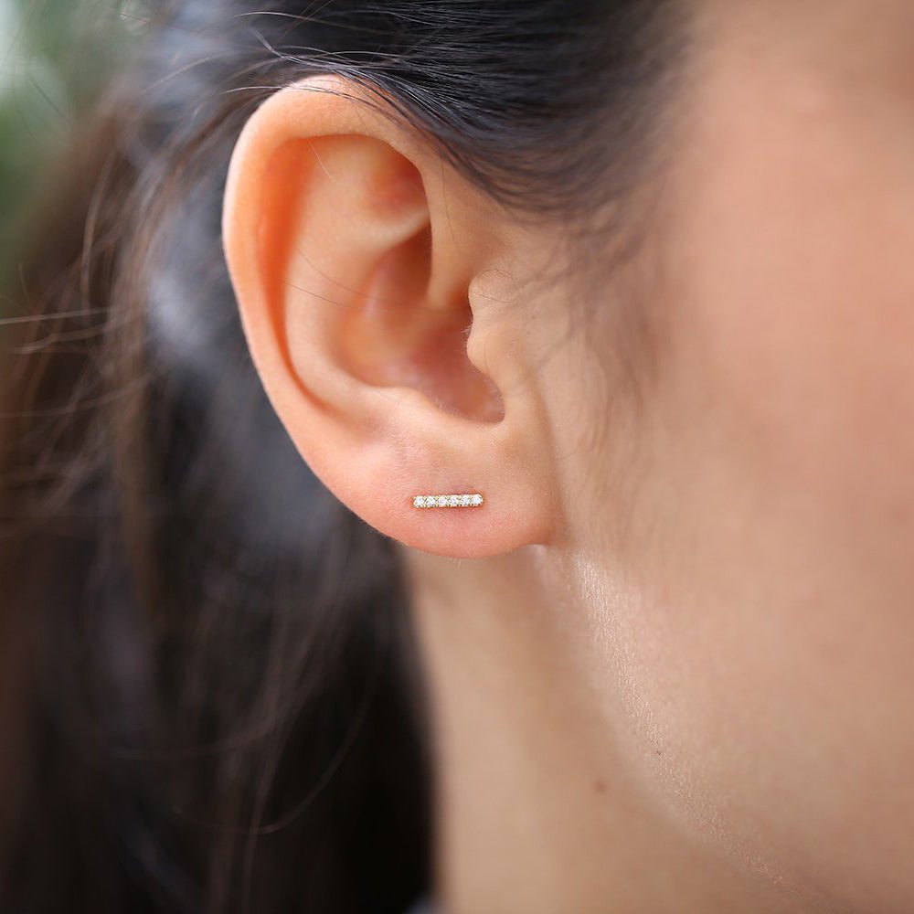 14K Gold Diamond Bar Stud Earrings - Image 4