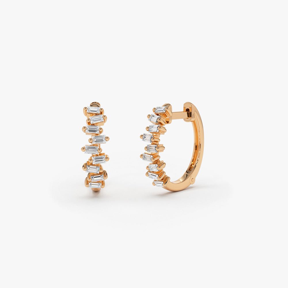 14K Gold Horizontal Set Mini Baguette Diamond Huggie - Image 5
