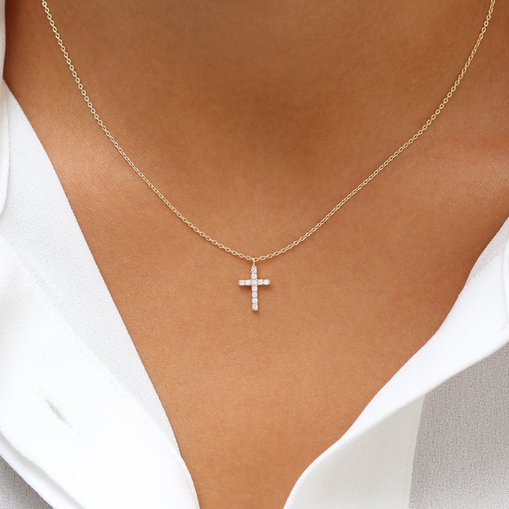 14K Gold Micro Pave Diamond Cross Necklace - Image 3