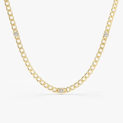 14K Gold Cuban Link Necklace w/ Bezel Setting Diamond